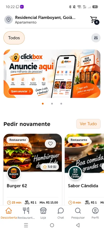 Tela real do Clickbox com restaurantes, lojas e pedidos